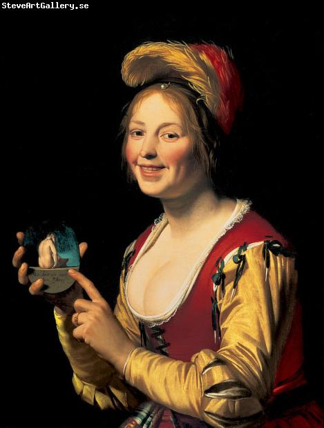 Gerard van Honthorst Smiling Girl, a Courtesan, Holding an Obscene